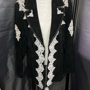Vtg Cripple Creek Black Leather Western Show Jacket Lace Embroidery Fringe L